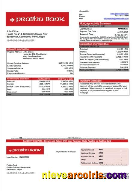 Nepal Prabhu Bank mortgage statement Word and PDF template